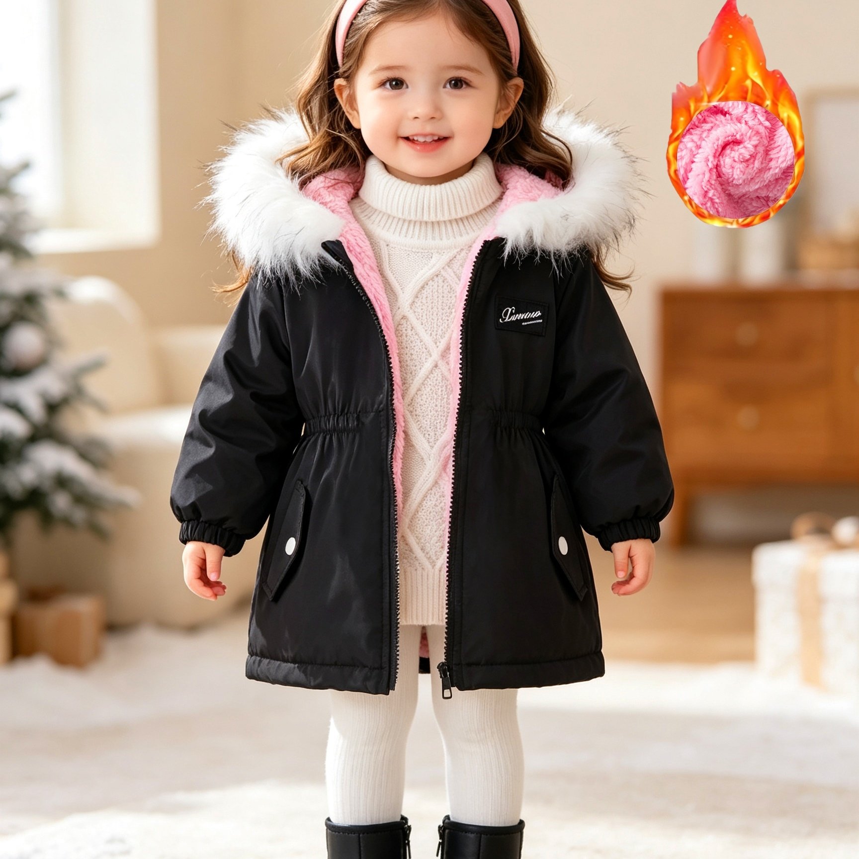 Image of Baby Girl 0-3 Years Old Autumn Winter -lined Hooded Collar Fake Pocket Warm Jacket, Autumn/winter