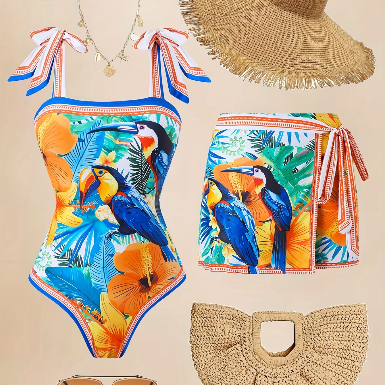 TEMU Elegant Floral-print 1pc Swimsuit And Beach Wrap Skirt Set For Women, Belly-covering Swimsuit