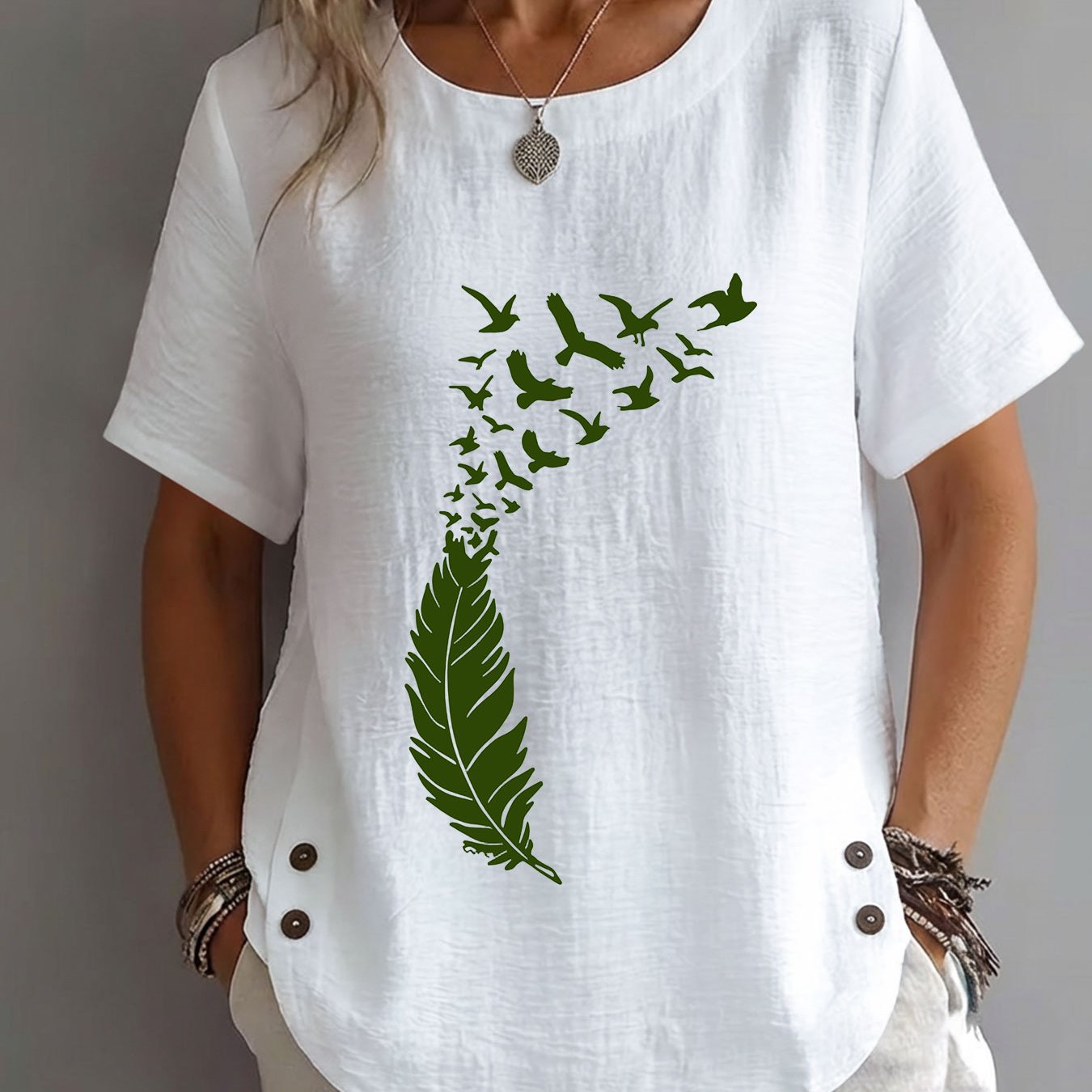 TEMU Spring Summer Women's Top, Bird Print Elegant Mature Casual Round Neck Short Sleeve Women's Clothing