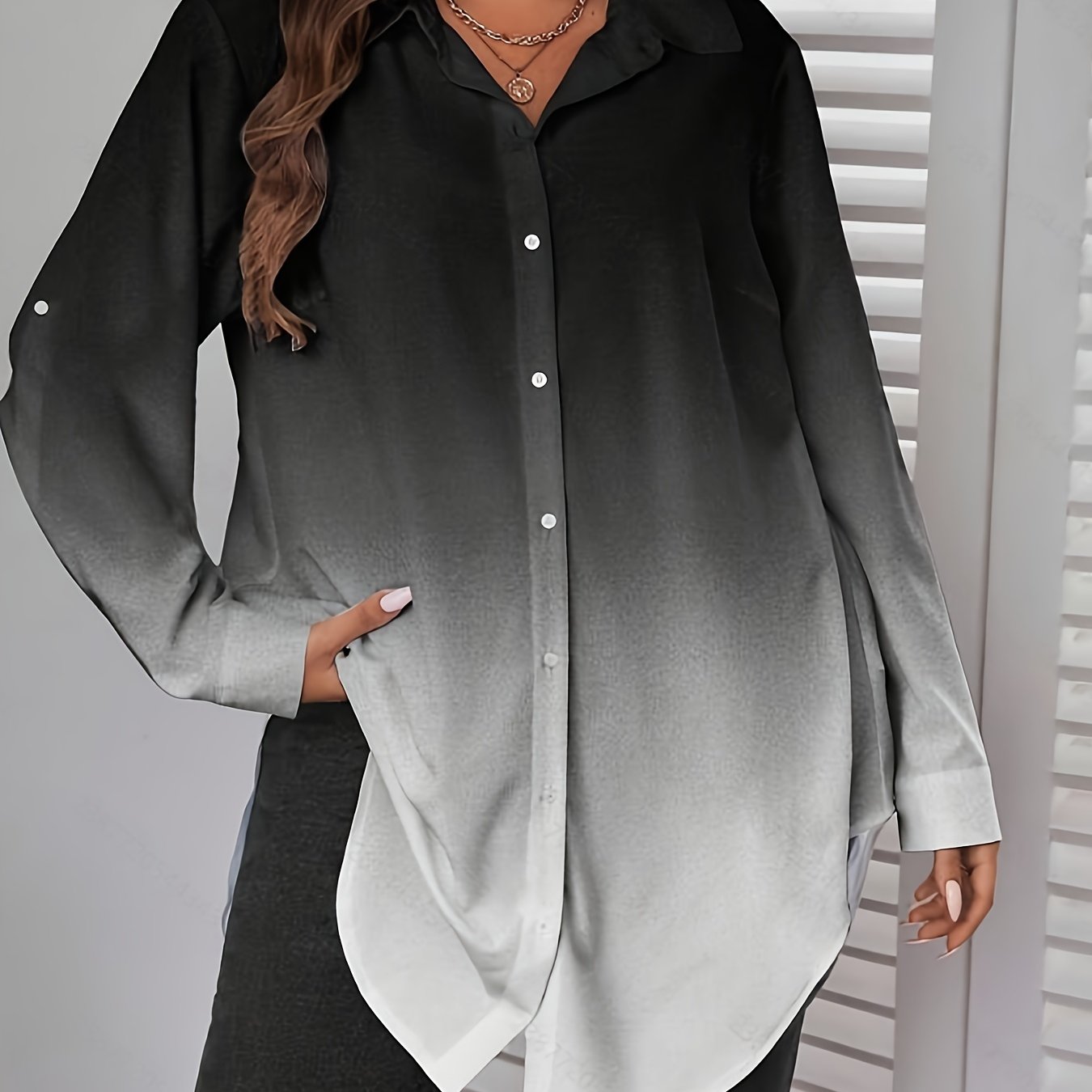 TEMU Plus Size, Spring/summer/autumn Plus Size Women's Elegant Unique Gradient Color Printed Shirt With Lapel, Front Button , Loose Fit, Midi Length,