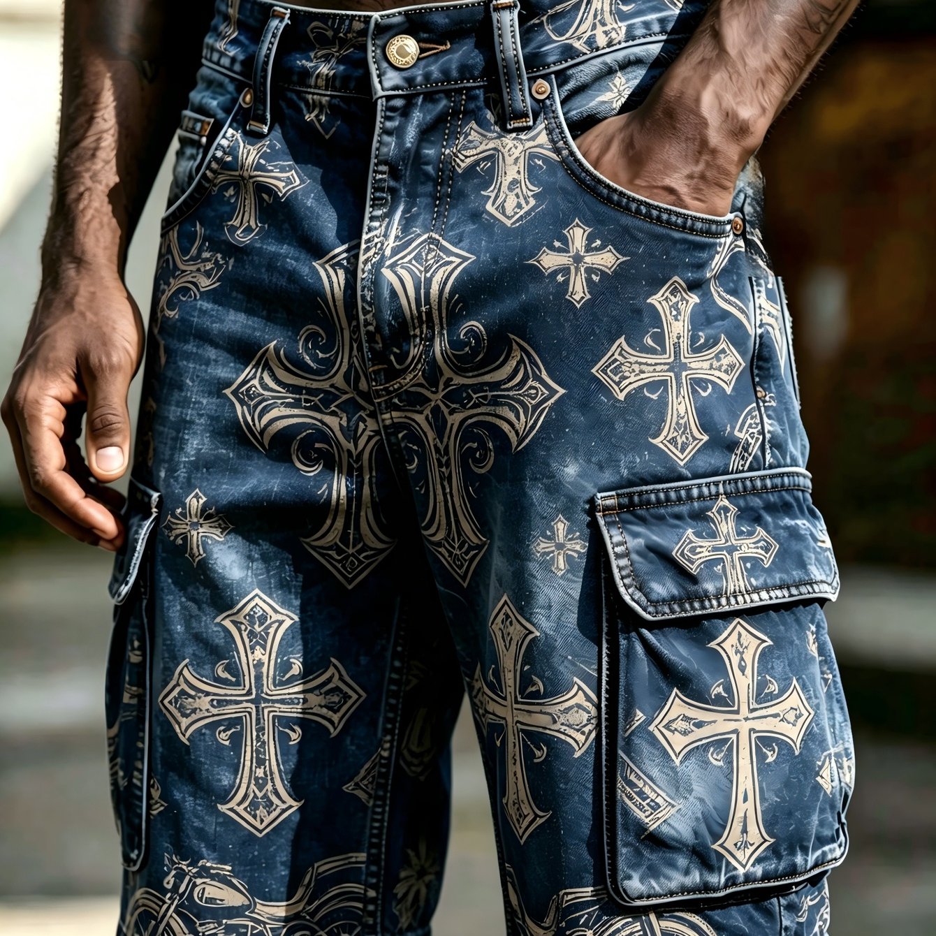 Image of New Arrival Men Standard Size Non-cargo Shorts Washed Distressed Base Vintage& Motorcycle Hidden Allover Print, Wear Resistant Breathable Straight Regular Fit Biker Men's Cargo Shorts