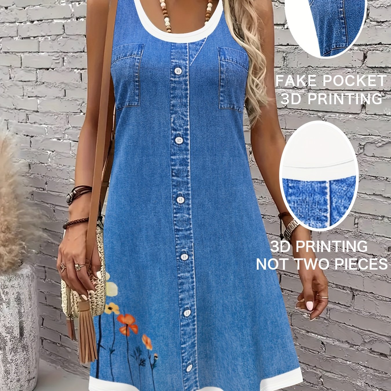 TEMU 2d Print Elegant Casual Vacation Minimalist Abstract Painting Button Color Block Plant Floral Graphic Breathable Round Neck Vest Dress New