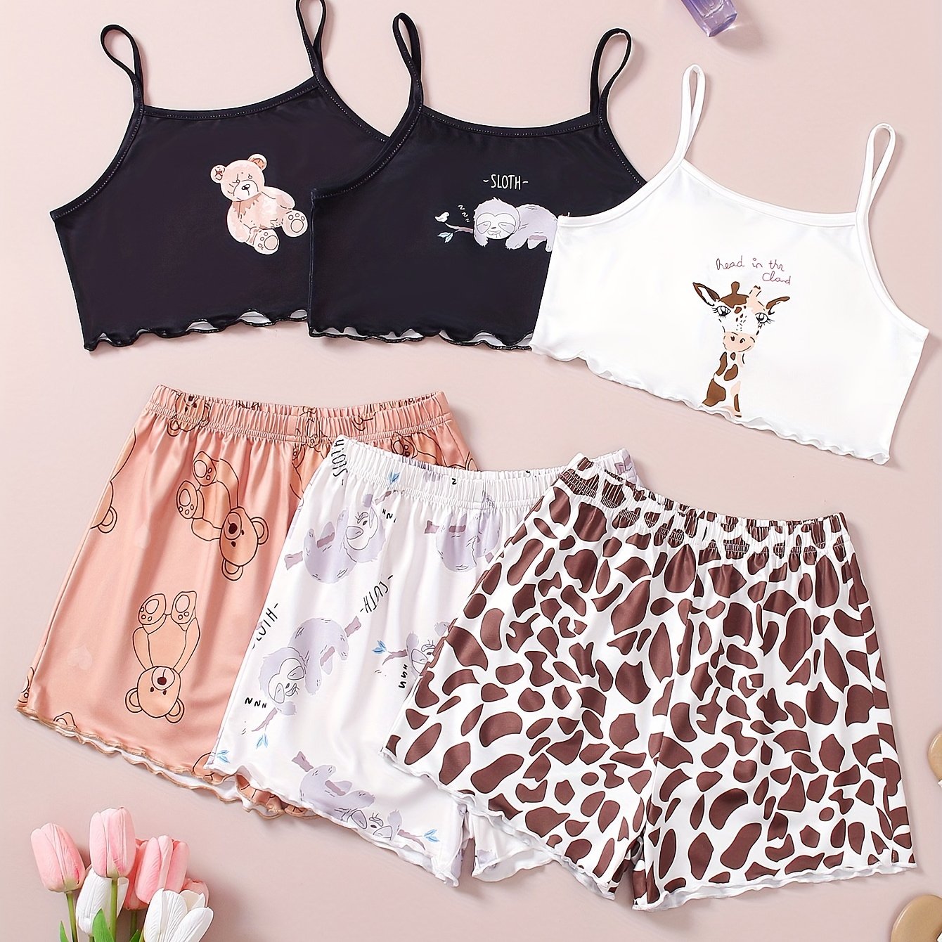 Image of 120-170 Girls' Random Print Spaghetti Strap Lace Crop Top + Shorts Six-piece Set, Summer Sleepwear