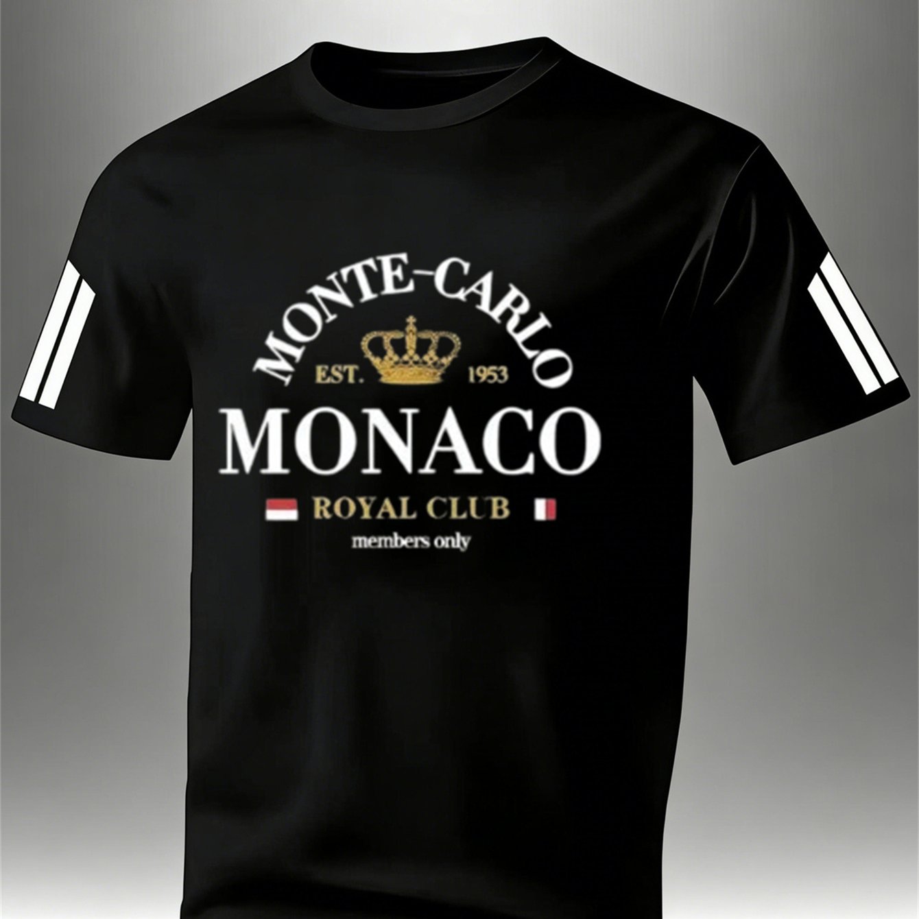 TEMU Monaco Theme Three-stripe Short Sleeve T-shirt - Casual Top For Light Enthusiasts, Lovers, And Streetwear Crowd