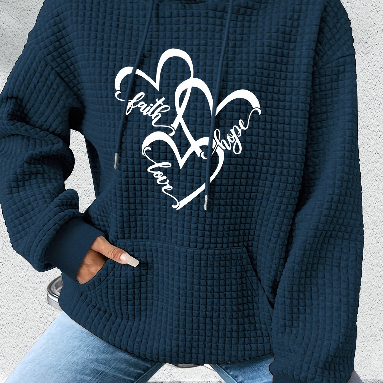 TEMU Women's Waffle Graphic Print Hoodie With & 'love' Design, Long Sleeve Casual Drawstring Hooded Sweatshirt For Fall & Spring, Machine Washable,