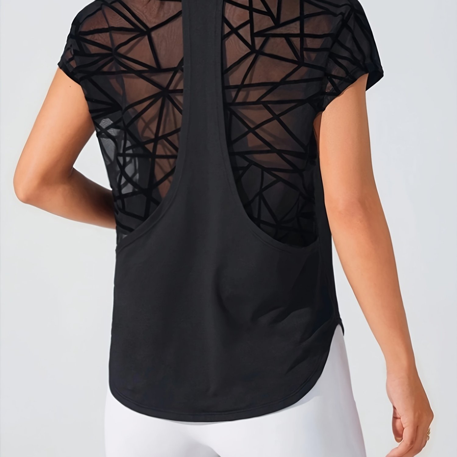 E-shop Damen Schnelltrocknendes Atmungsaktives T-Shirt mit geometrischem Mesh-Design für den Rücken, Medium-Stretch Regular Fit für Fitness Yoga Laufen