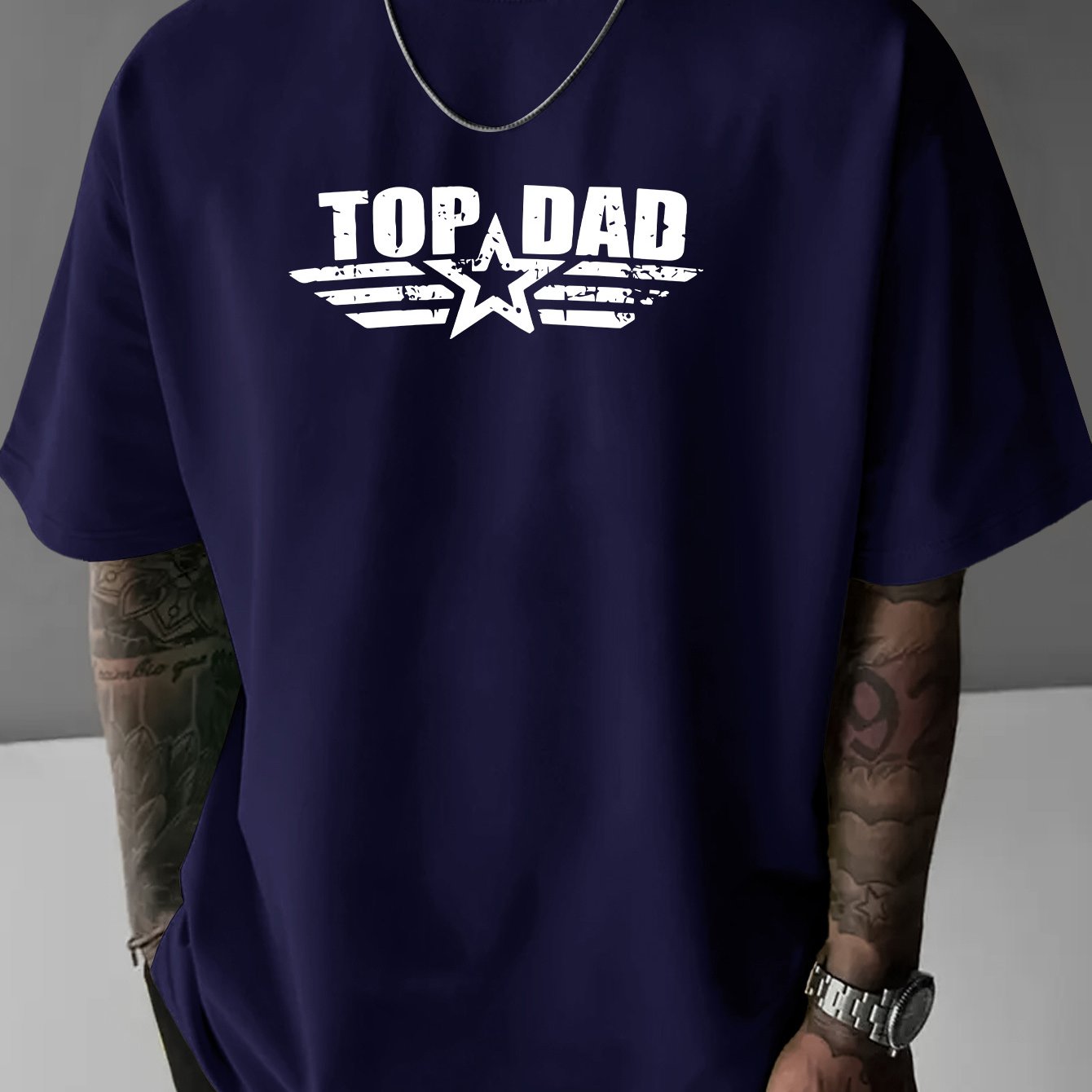 TEMU Men's Trendy Loose-fit Crewneck T-shirt, Casual Daily Short-sleeve Tee With "top Dad" Letter Print, For Father