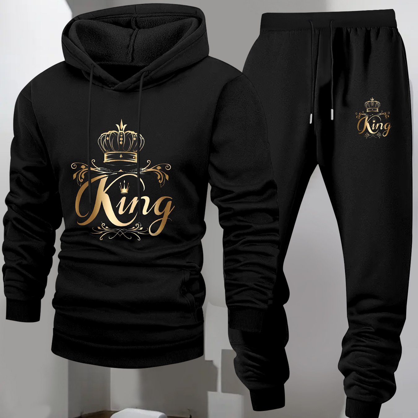 TEMU Hooded Sweatshirt And Drawstring Jogger Pants Set, Crown Print, Athletic Casual 2pcs Outfit For Outdoor Jogging Fitness Training