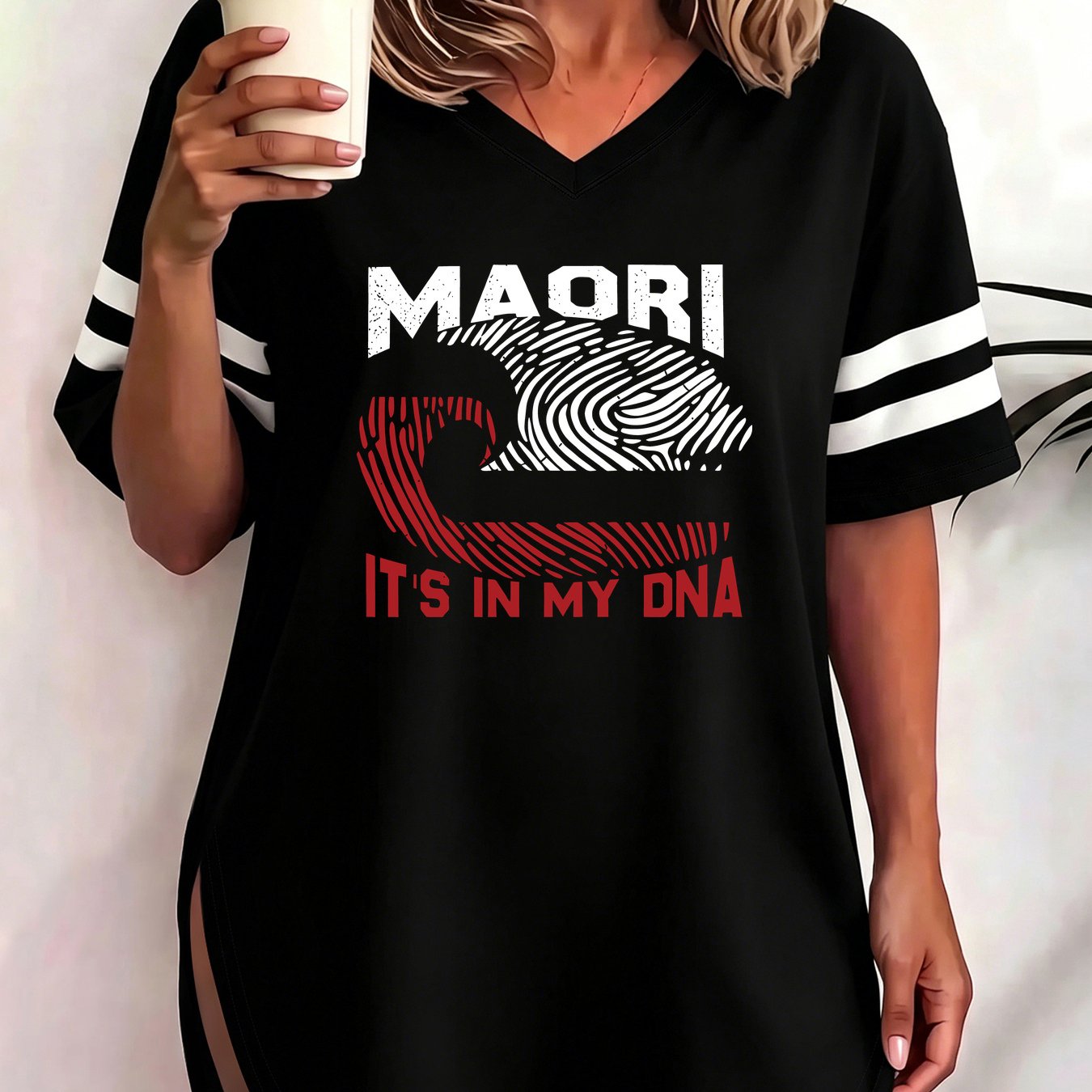 TEMU Plus Size - Maori It' Maori Fingerprint Pattern Printed Women's T-shirt, Plus Size 1xl To 8xl Ladies Letter Pattern Printed V-neck Short Sleeve