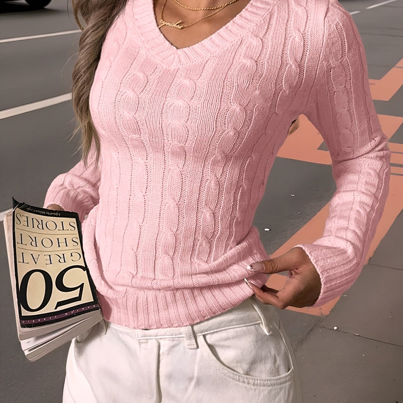 TEMU Women's Casual Sweater, V-neck Long Sleeve Top, Suitable For Autumn And Winter