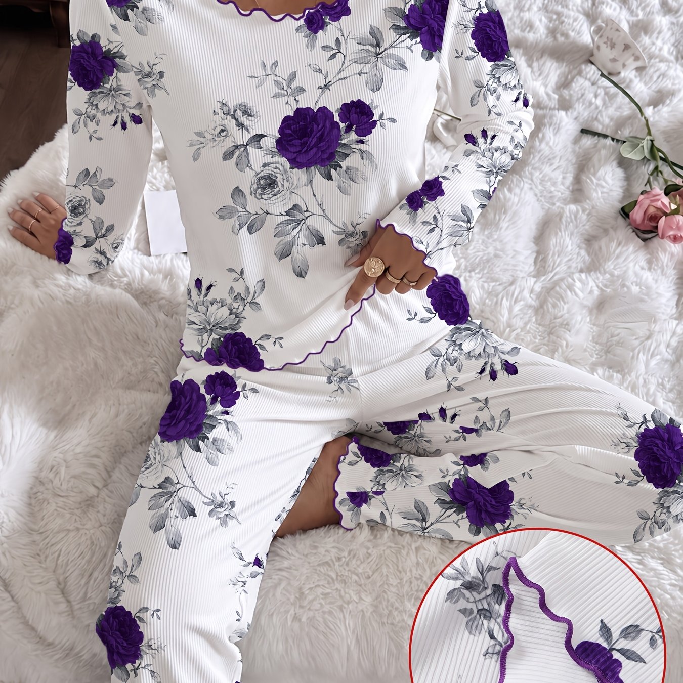 TEMU Autumn Winter Warm Women's 2pcs Ribbed Pajama Set, Round Neck Long Sleeve Top With Floral Print, Waist Casual Long Pants, Valentine's Day New