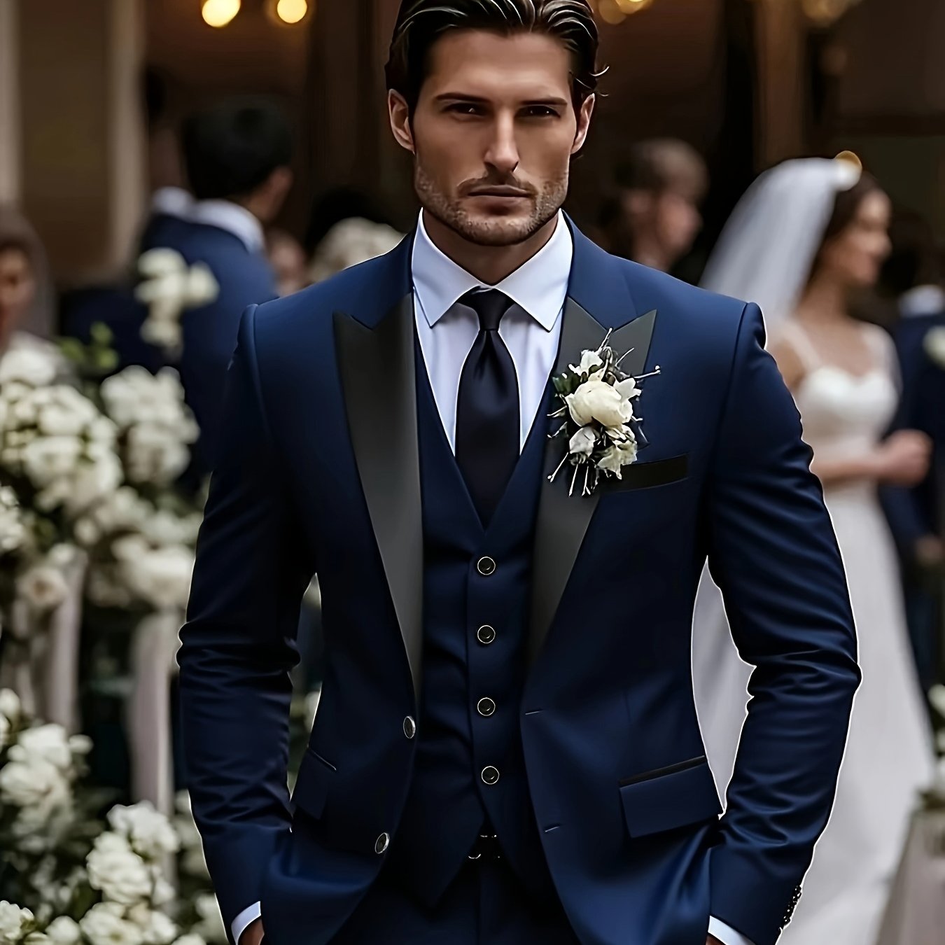 Image of Premium Men 3pcs Suit Set Blazer + Vest + Trousers Business Casual Formal Costume For Wedding Groomsman Graduation Party Prom Daily