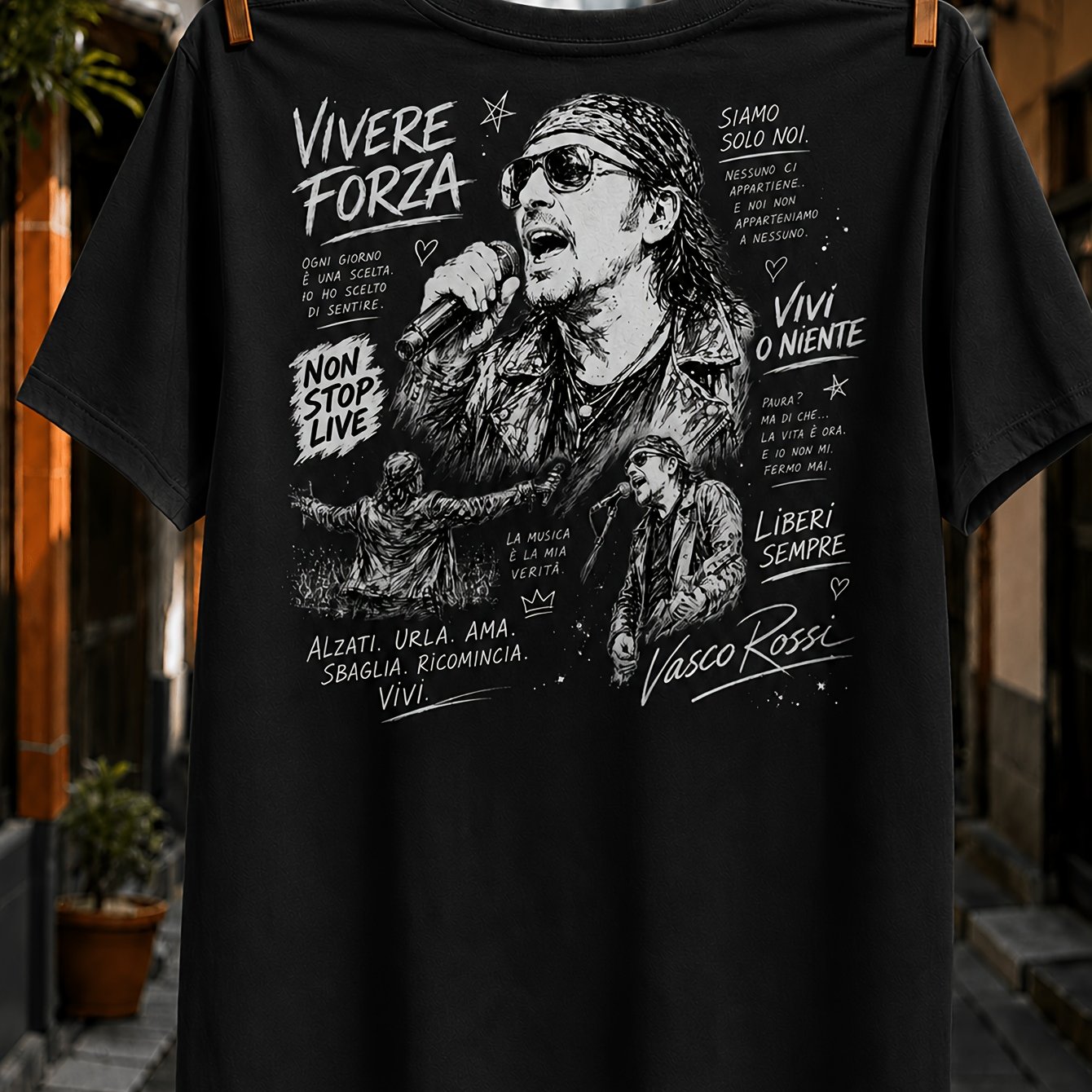 Rossi Lettering With Collage Live And Liberi Music Style Unisex All T-shirt
