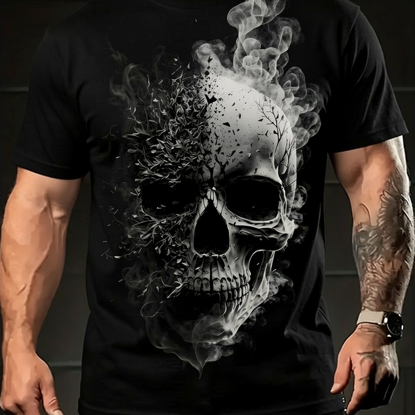 Men's 3d Skull Print T-shirt - Gothic Edgy Style Short Sleeve Crew Neck Tee With Skull, Machine Washable Regular Fit Suitable For Summer Outdoor Activities, Casual Wear & Themed Events, For Men
