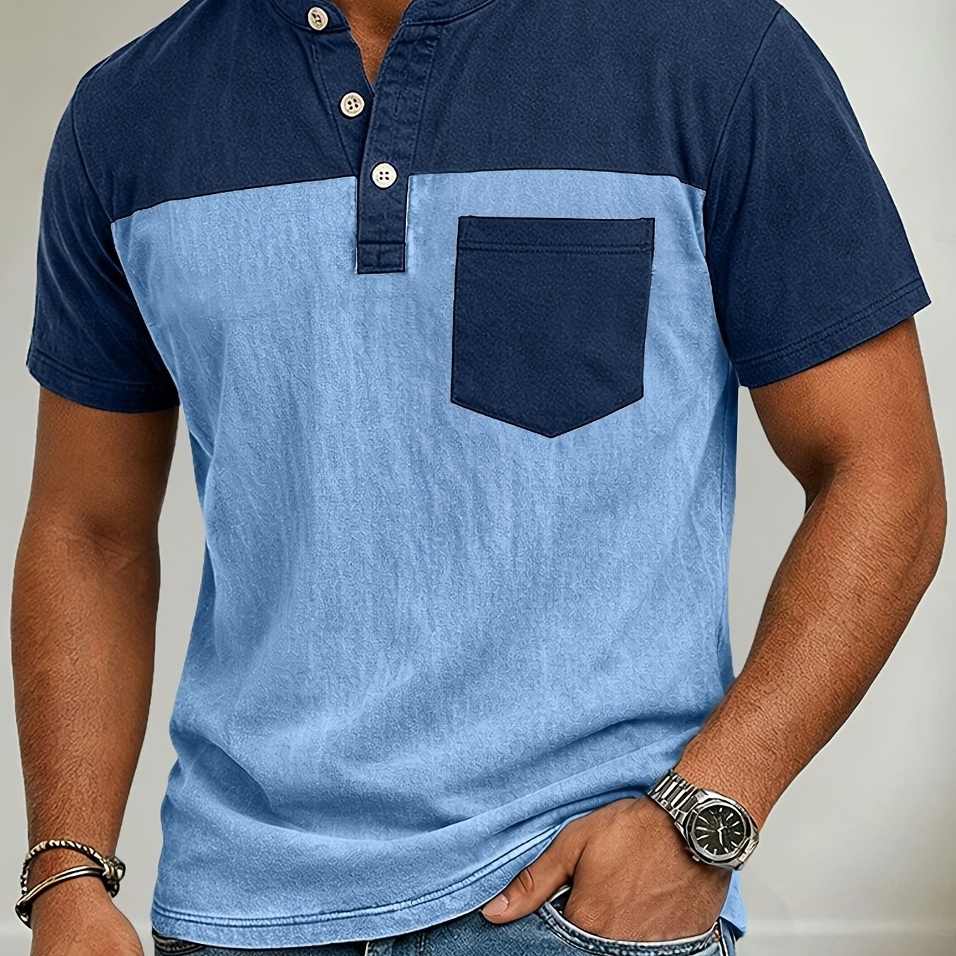 Image of Men's Color Block Henley T-shirt Short Sleeve Button Casual Tee With Chest Pocket Men Vintage Washed Colorblock Henley Shirt Summer Top Tees Tshirts For Daily Wear, Plus Size
