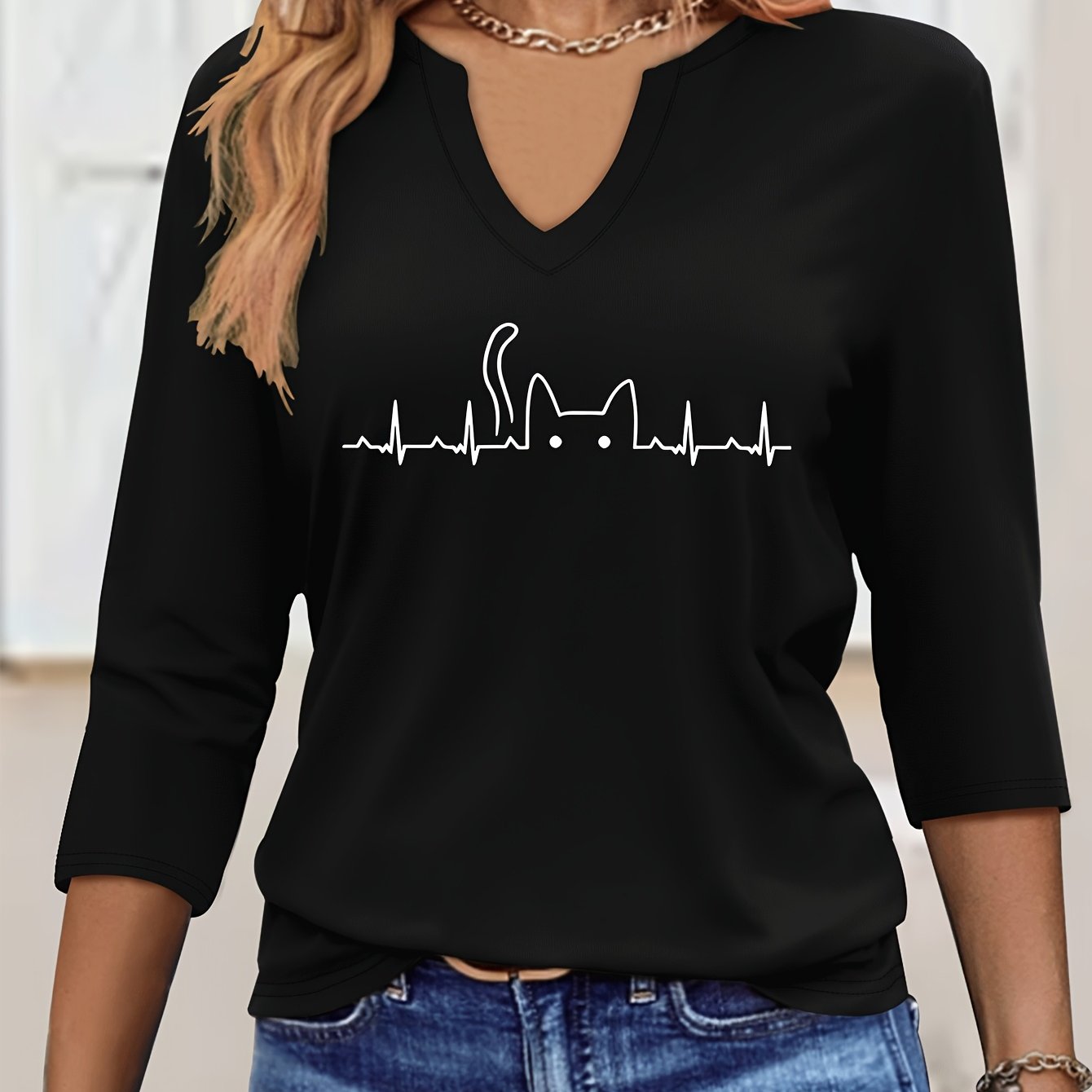 TEMU Graphic Print T-shirt, V-neck Three-quarter Sleeve T-shirt, Elegant Solid Color Top For Spring And Summer, Women's Wear