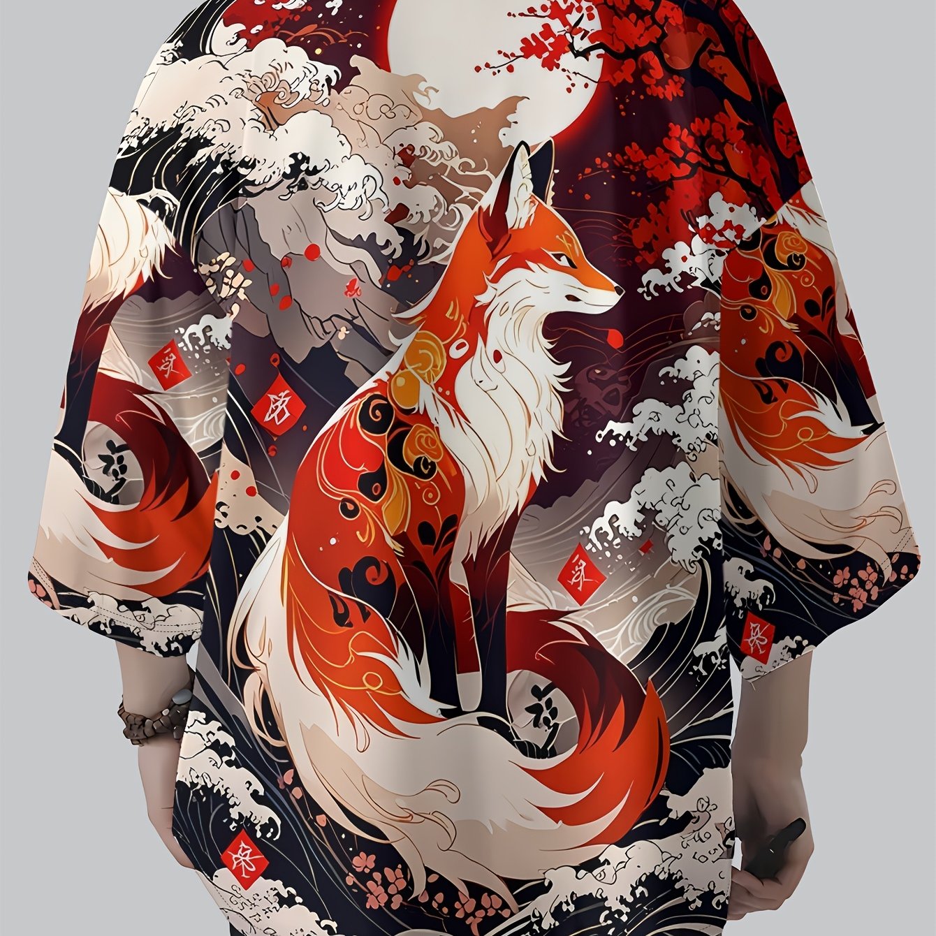 TEMU 2d Ancient -tailed Fox Full Plum Pattern Kimono Robe, Loose Drop Shoulder 3/4 Sleeve Sunscreen Cardigan, Anime Convention Party Trendy Unisex