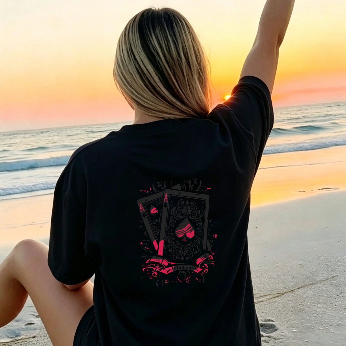 Image of Women's Oversized With Poker Card Print (/numbers) - Soft Breathable Fabric Suitable For Summer Beach Outfits, Casual Casual Attire, Poker-themed Outfits, Machine Washable Non-stretch Style