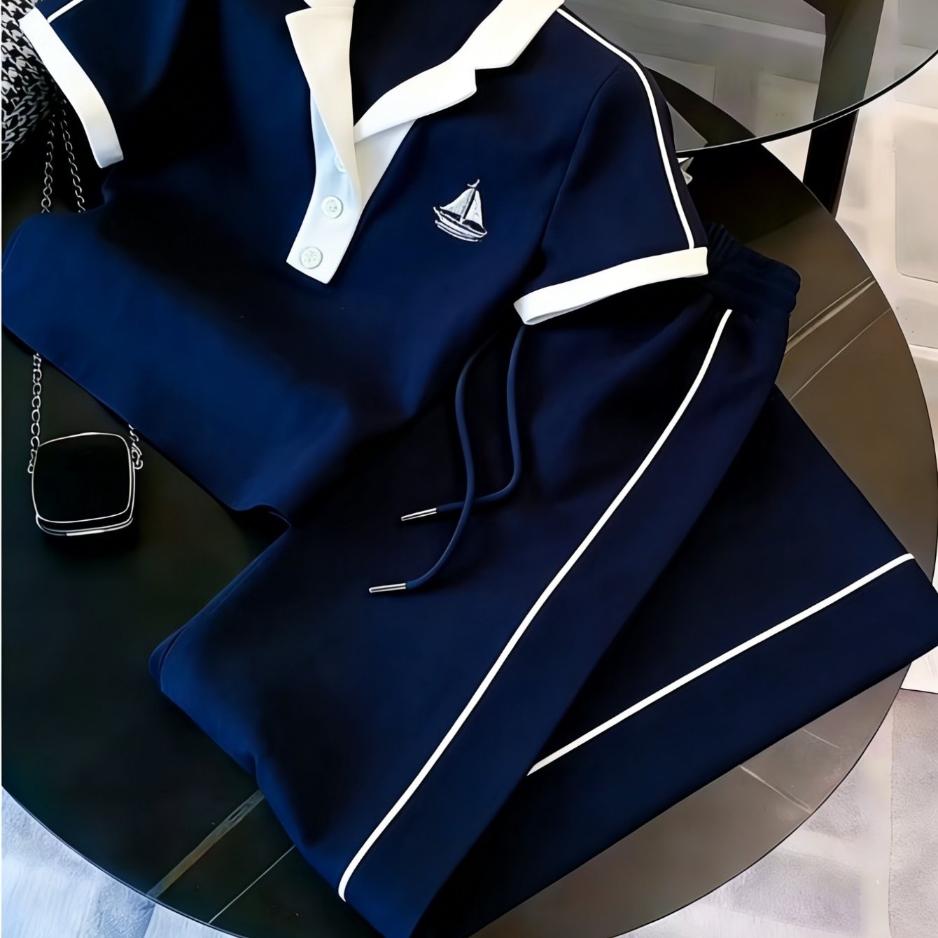 Men's Apparel For Spring And Summer Navy Blue Polyester Sailboat Print Contrast Color Lapel Button Loose Casual Short-sleeve Shirt And Shorts Set