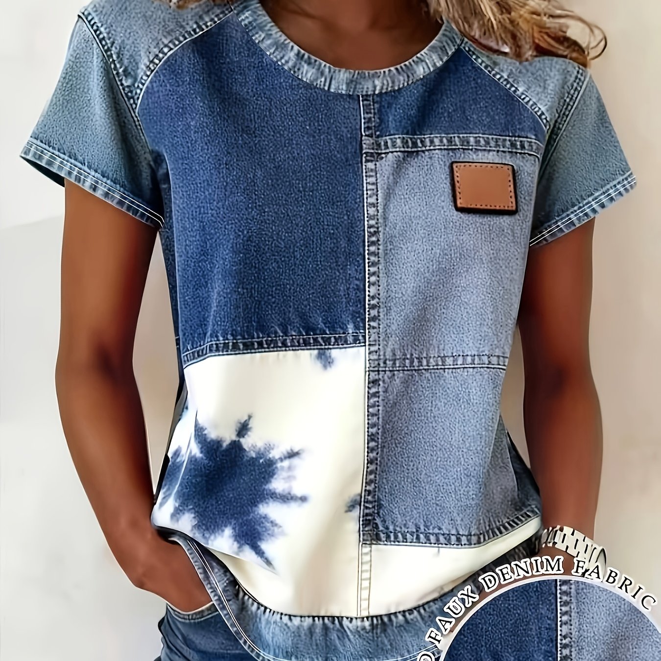 E-shop [Bedruckte Hose - kein Denim-Stoff] Gavin Targeted Development: Neuankunft Karo-Denim-Druck Rundhals-Kurzarm-T-Shirt für europäische