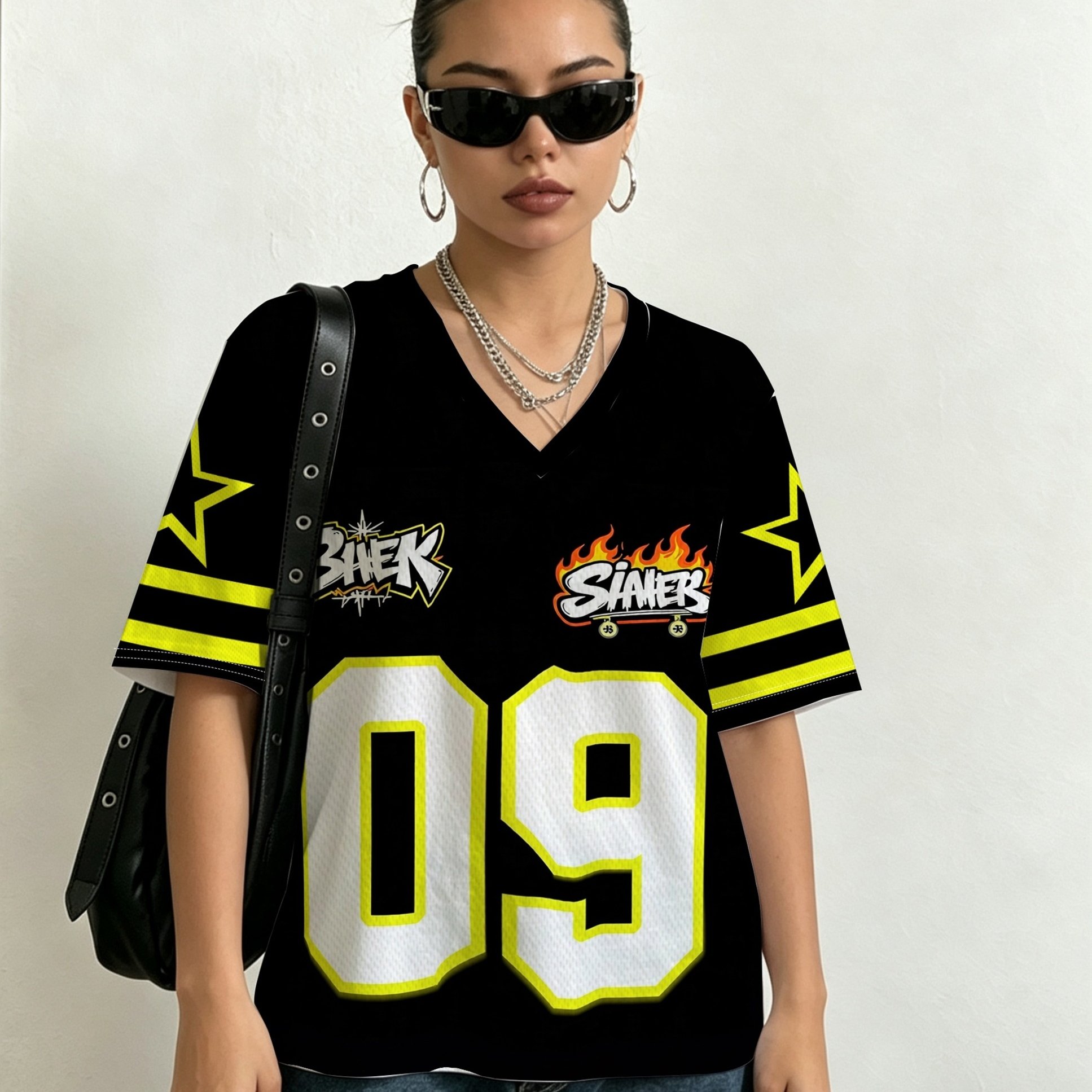 TEMU Camiseta de manga corta , negra y amarilla, con número 09, de malla transpirable, cuello en V, casual