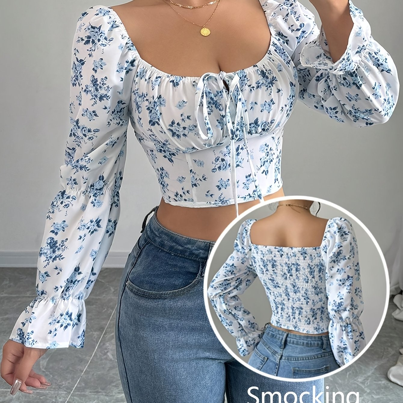 TEMU Women' Floral Bell Sleeve Collar Drawstring Shirt