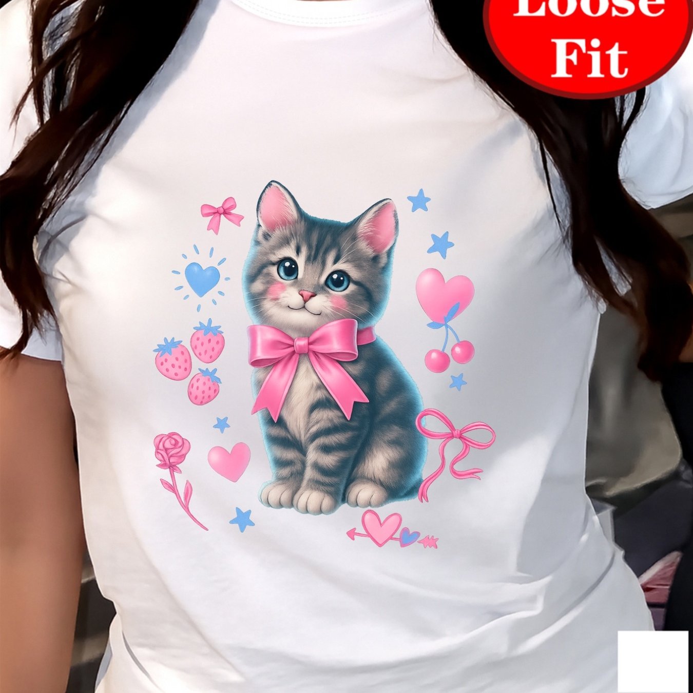 TEMU Women's Plus Size Cute Kitten & Pink Bow Print T-shirt - Short Sleeve Round Neck Summer Blouse, Pink Bow & Kitten Top, H- (curvy-friendly),