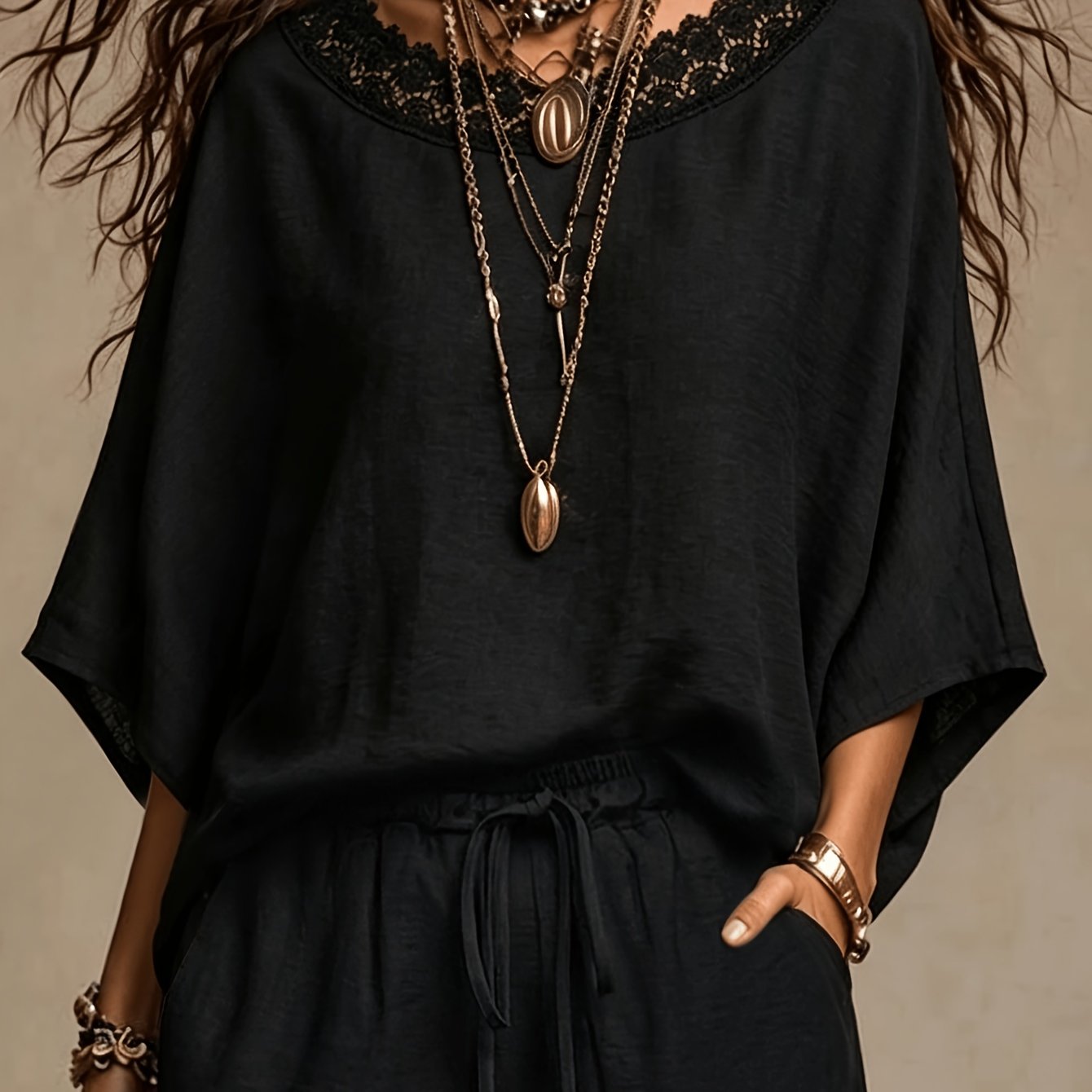TEMU Western Women's Spring Summer Women's New Loose Version Round Neck Lace Texture Drape Fabric Batwing Sleeve Top And Loose Shorts Casual Fashion