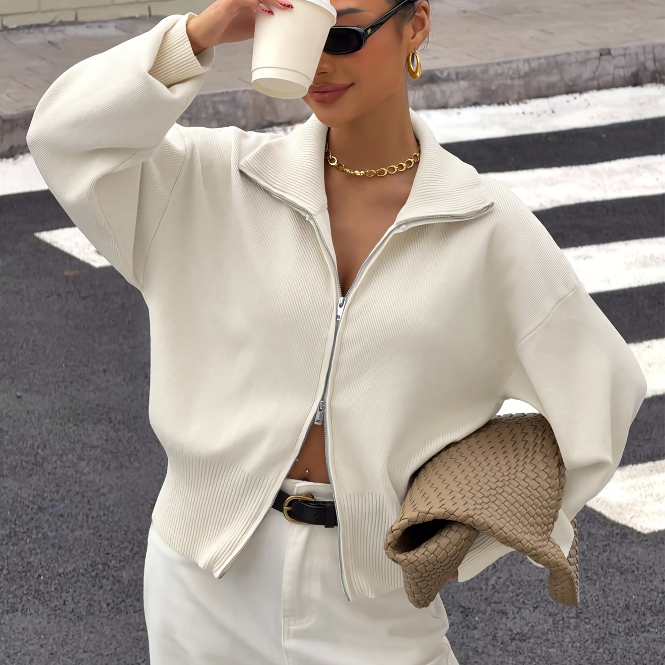 TEMU Women's Winter Sweater, Business Casual Wear, Commuter Fashion Long Sleeve Zipper Cardigan