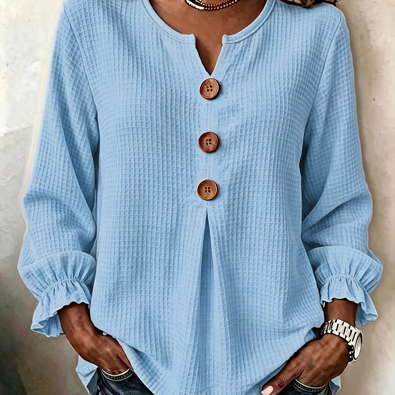 TEMU Women's V-neck Button-detail Loose Casual Fashion Elegant Long Sleeve Top