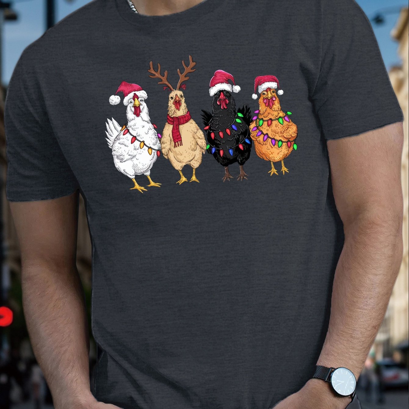 TEMU Men's Christmas Chicken Print T-shirt, Casual Crew Neck Short Sleeve Tee, 100% Polyester Knit Fabric, Stretch, Regular Fit, Summer Season Top -