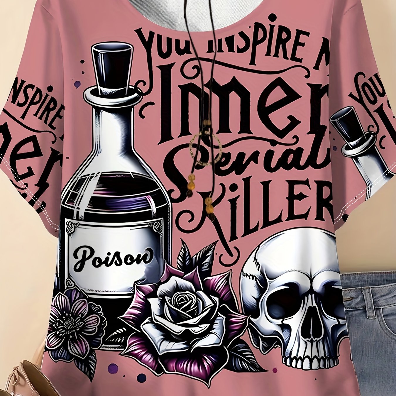 Image of Plus Size, Plus Size Comfortable Casual Elegant Style Women's Round Neck Short Sleeve T-shirt With Simple Printed Pattern Of Letters And Skull Whiskey Elements