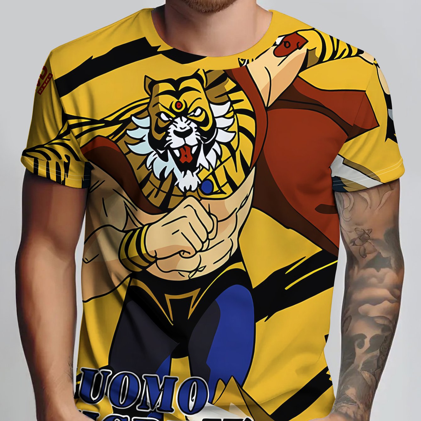TEMU Men's Yellow T-shirt Featuring A Tiger-faced Warrior Print With Dynamic, Text