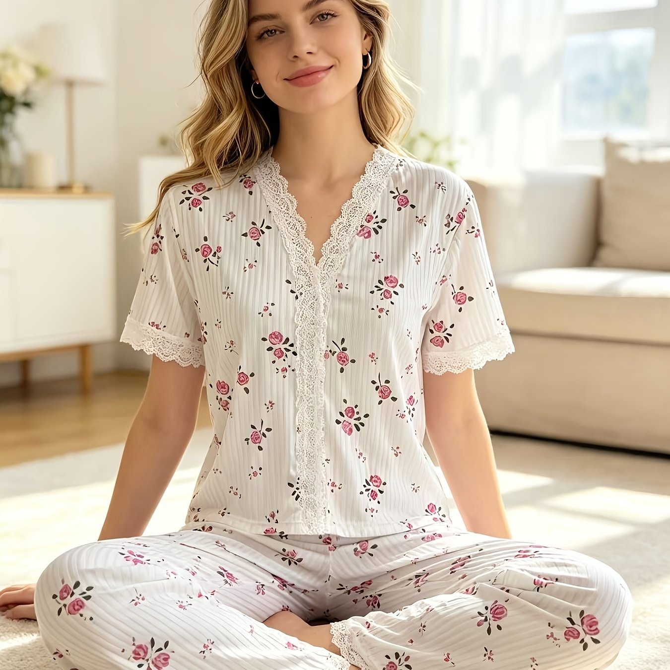 TEMU New European And Plus-size Women's Pajamas, , Sexy V-neck Lace Floral Print T-shirt With Slim-fit Long Pants, Loungewear