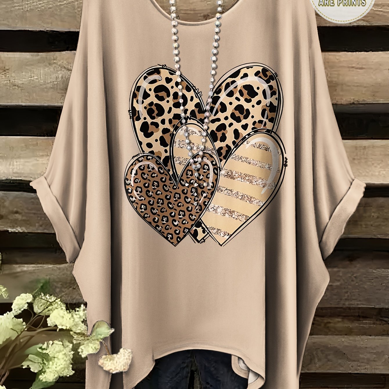 TEMU Plus Size, Women's Plus-size Oversized T-shirt With Batwing Sleeves & Asymmetrical Hem - Full-body Leopard & Heart Print Short Sleeve