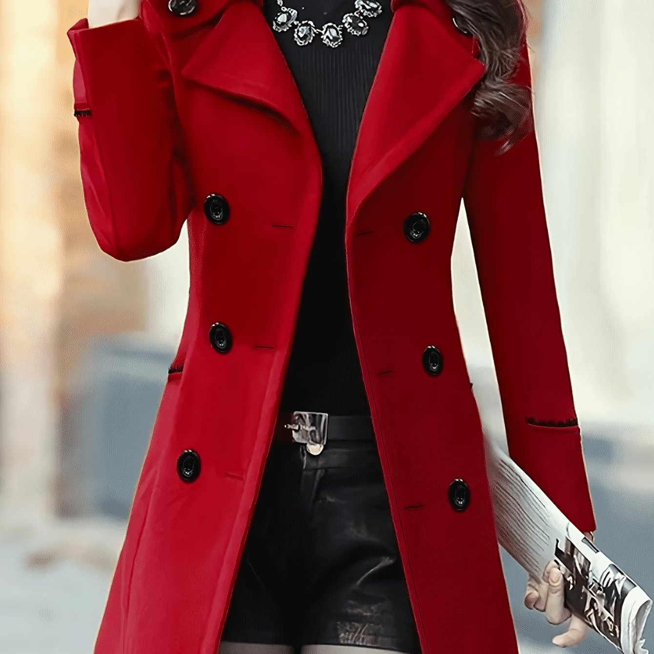 Image of Women's Lined Double-breasted Lapel Coat, Elegant Long Sleeve Fashion Jacket, Winter Wear, , Warm, Casual Outdoor Coat
