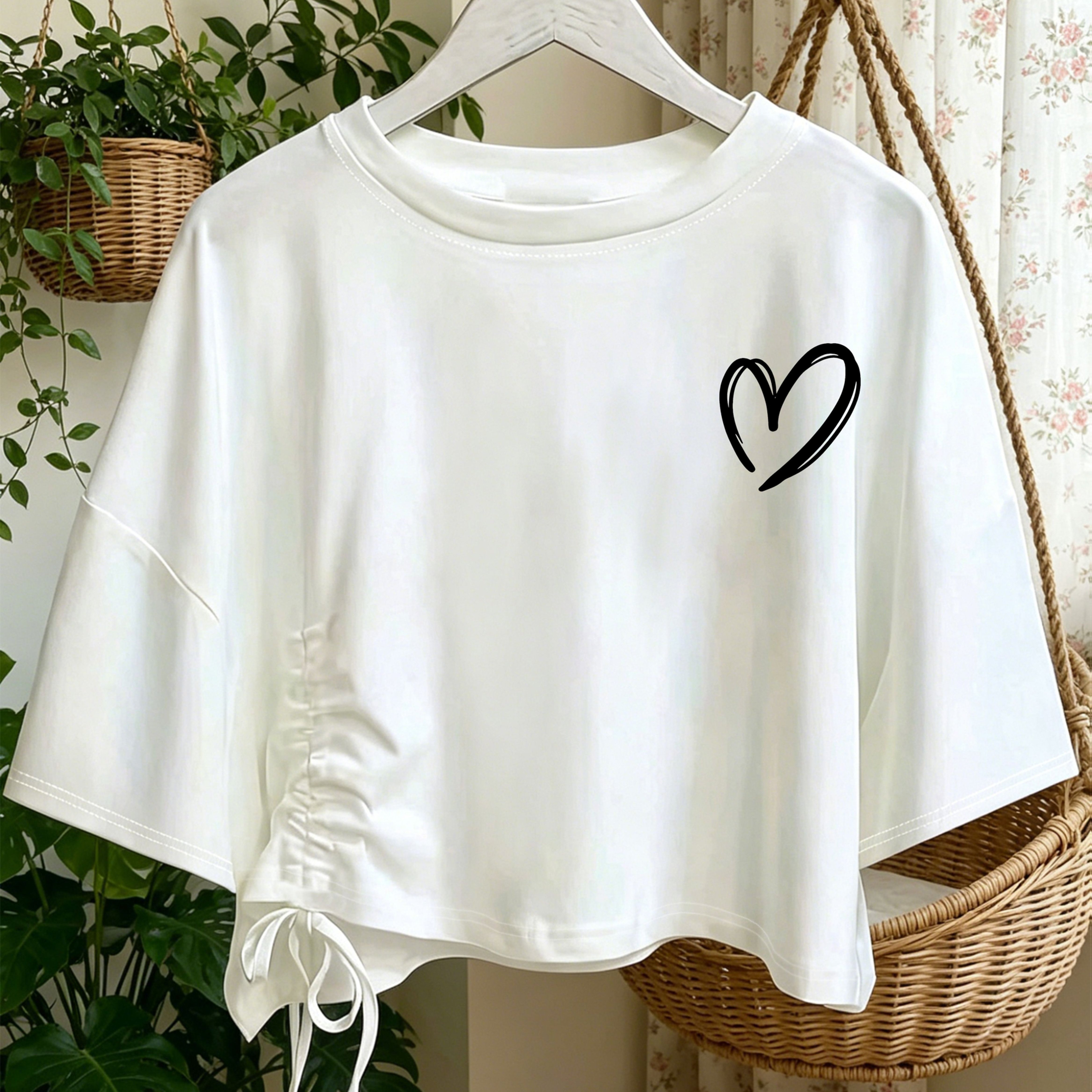 TEMU New Women's Casual Short Sleeve T-shirt, Heart Print, Comfortable Loose , Drawstring Hem With Waist Reveal Design, Soft Fabric, Machine Washable