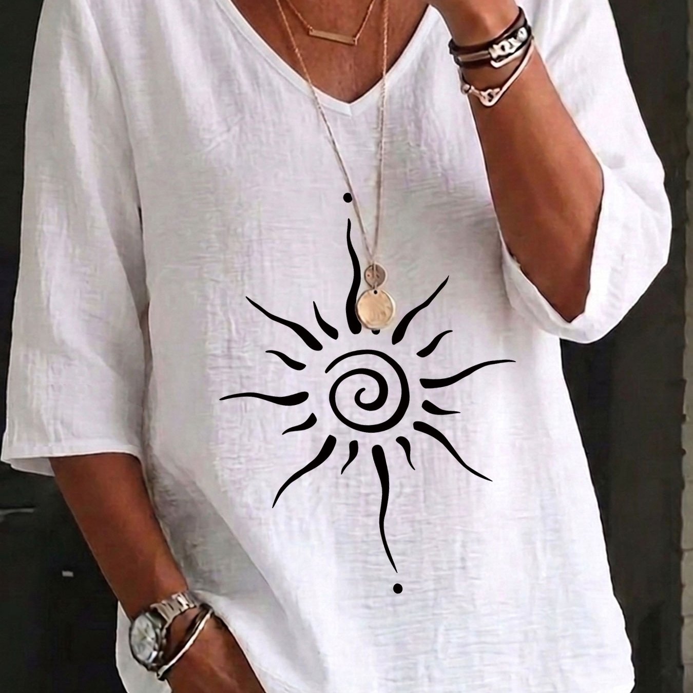 TEMU Spring Summer Easy Elegant Women's Top Bohemian Curve Print Loose Breathable V-neck Three-quarter Sleeve Shirt