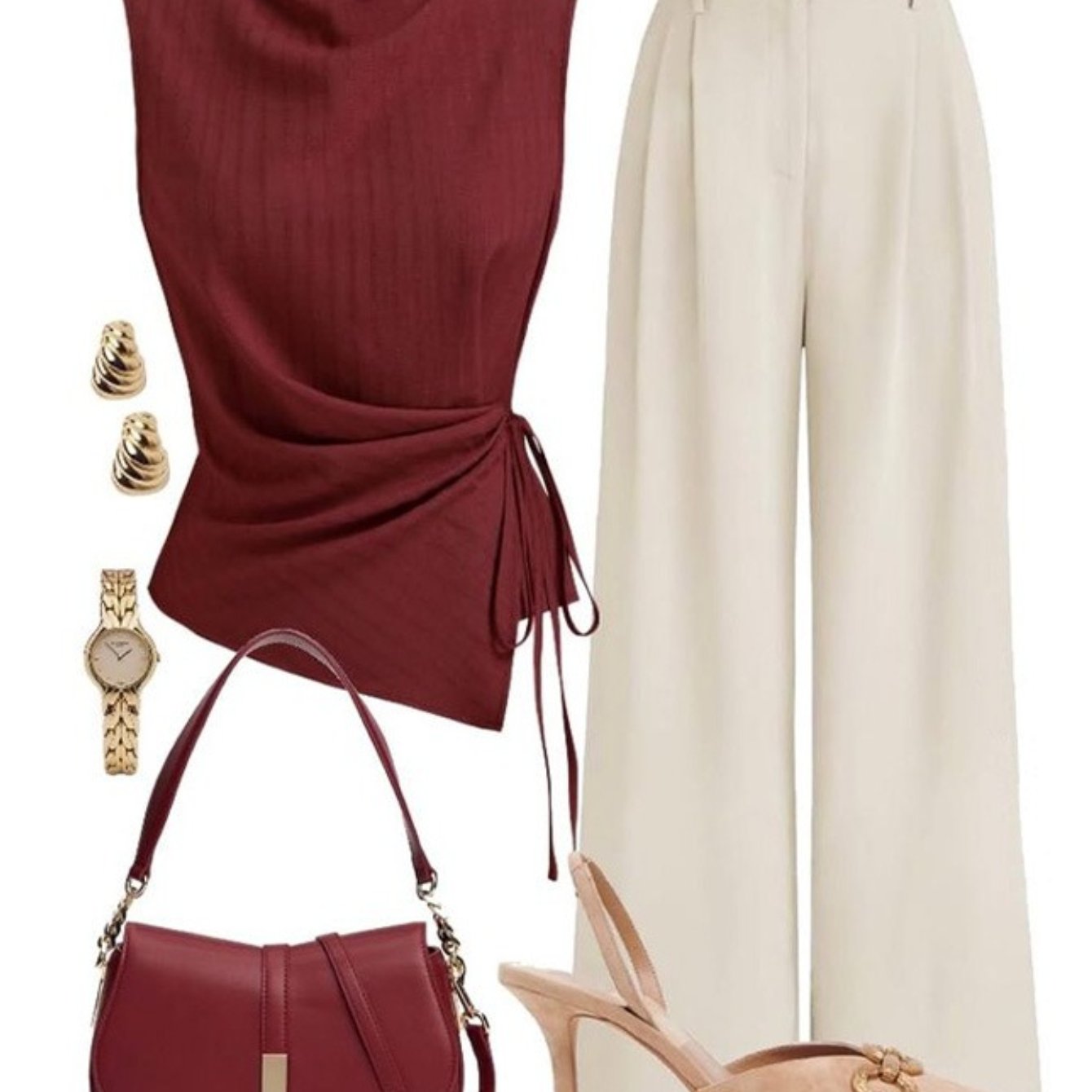 TEMU 2pcs Set: Burgundy Sleeveless Drawstring Top And Wide-leg Pants | Women's | Elegant And Commuter Style Pieces, Suitable For The Workplace,