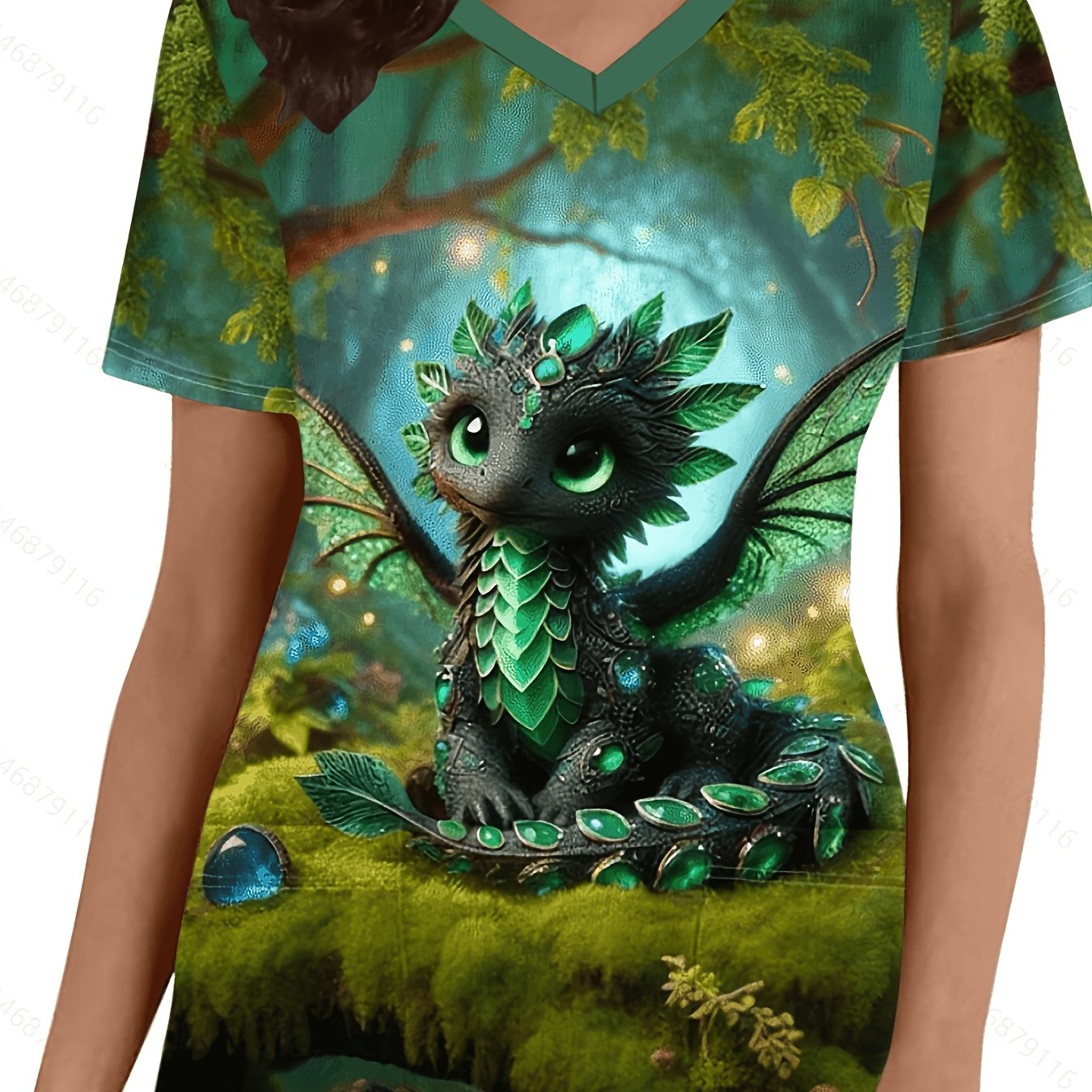 TEMU Plus Size - Women's Nurse Uniform, Forest Little Black Dragon Pattern Print Design, V-neck T-shirt, Soft And Elastic, Short Sleeve Top With