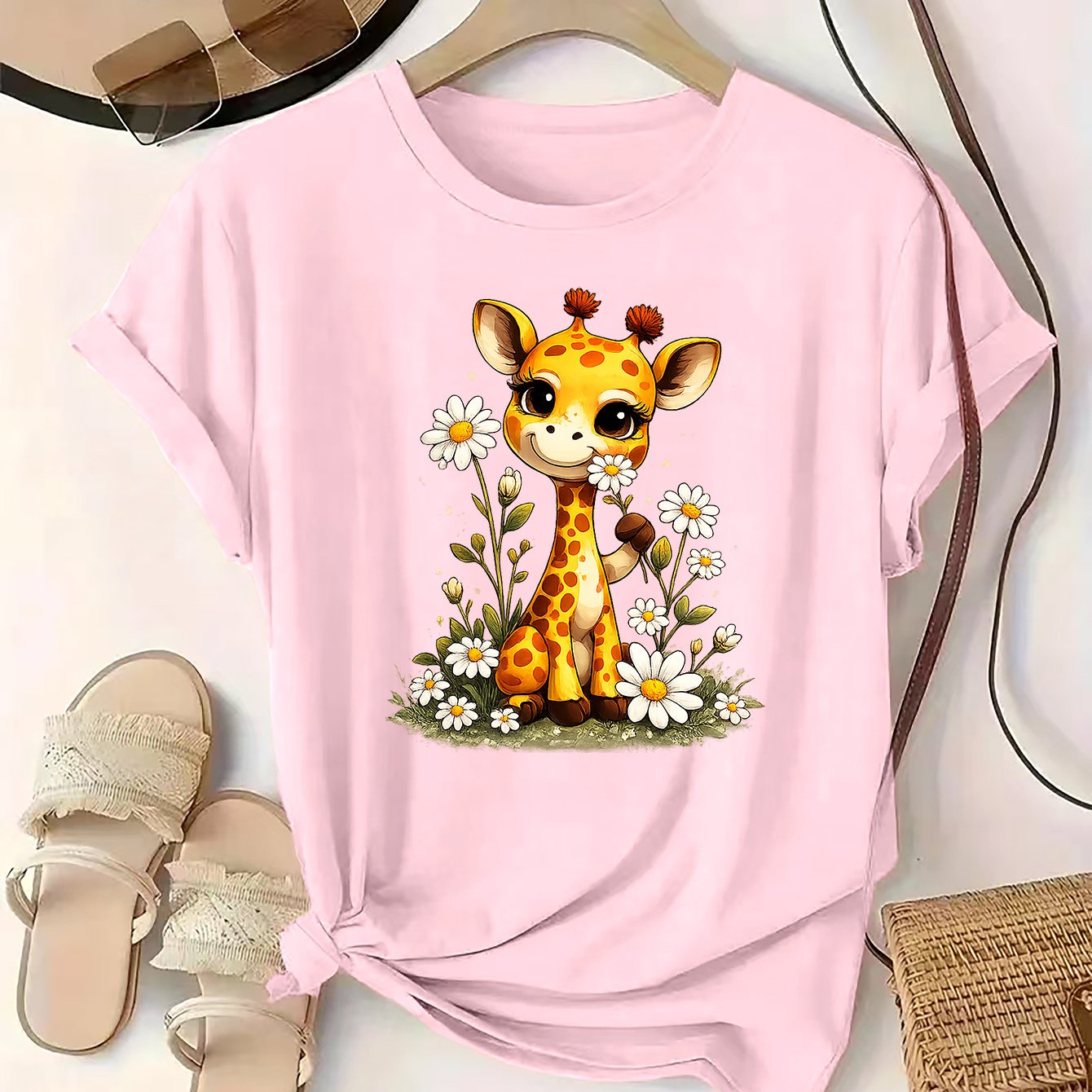 TEMU 1pc Women's Fashionable Artistic Print Round Neck Short-sleeved T-shirt Cute Giraffe Flowers. Relaxed And Comfortable. Suitable For Daily Wear.