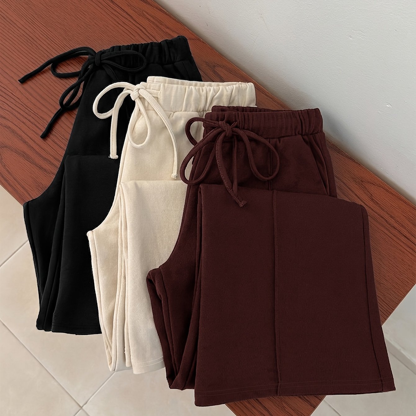 TEMU Women's 3pcs Set Elastic Waistband Drawstring Pants With Pockets, Loose And Comfortable Straight-leg Trousers Pb-1915