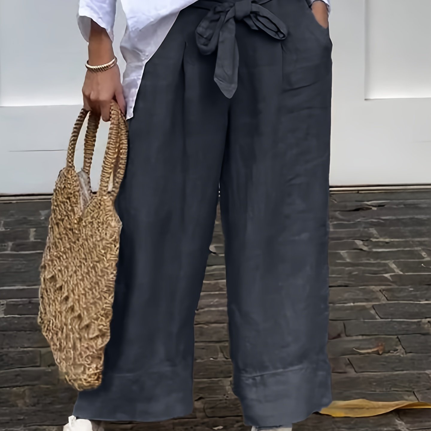 Image of 2025 Spring/summer New Arrival Women's Casual Solid Color High-waist Versatile Wide-leg Pants With Pockets And Belt, Suitable For Casual Ll168