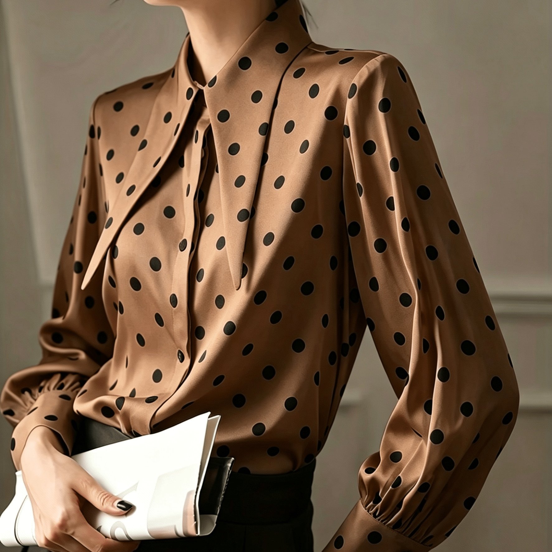 TEMU Elegant Directional Women's Commuter Polka Dot Printed Top Beautiful Fashionable Casual Outing Party -reducing Long Sleeve Shirt