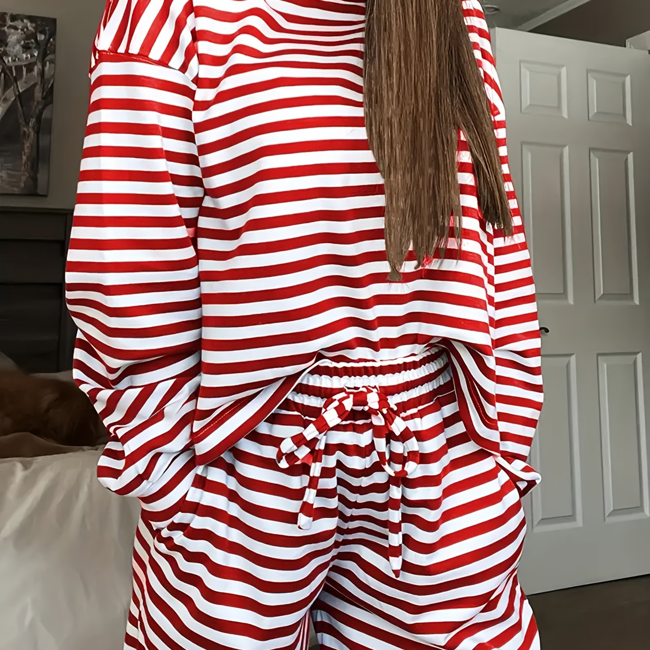 TEMU Women' Color Minimalist Striped Pajama Set With Dual-pocket, Adjustable Drawstring Long Trousers And Contrast Round Neck Sleeve Top Combo