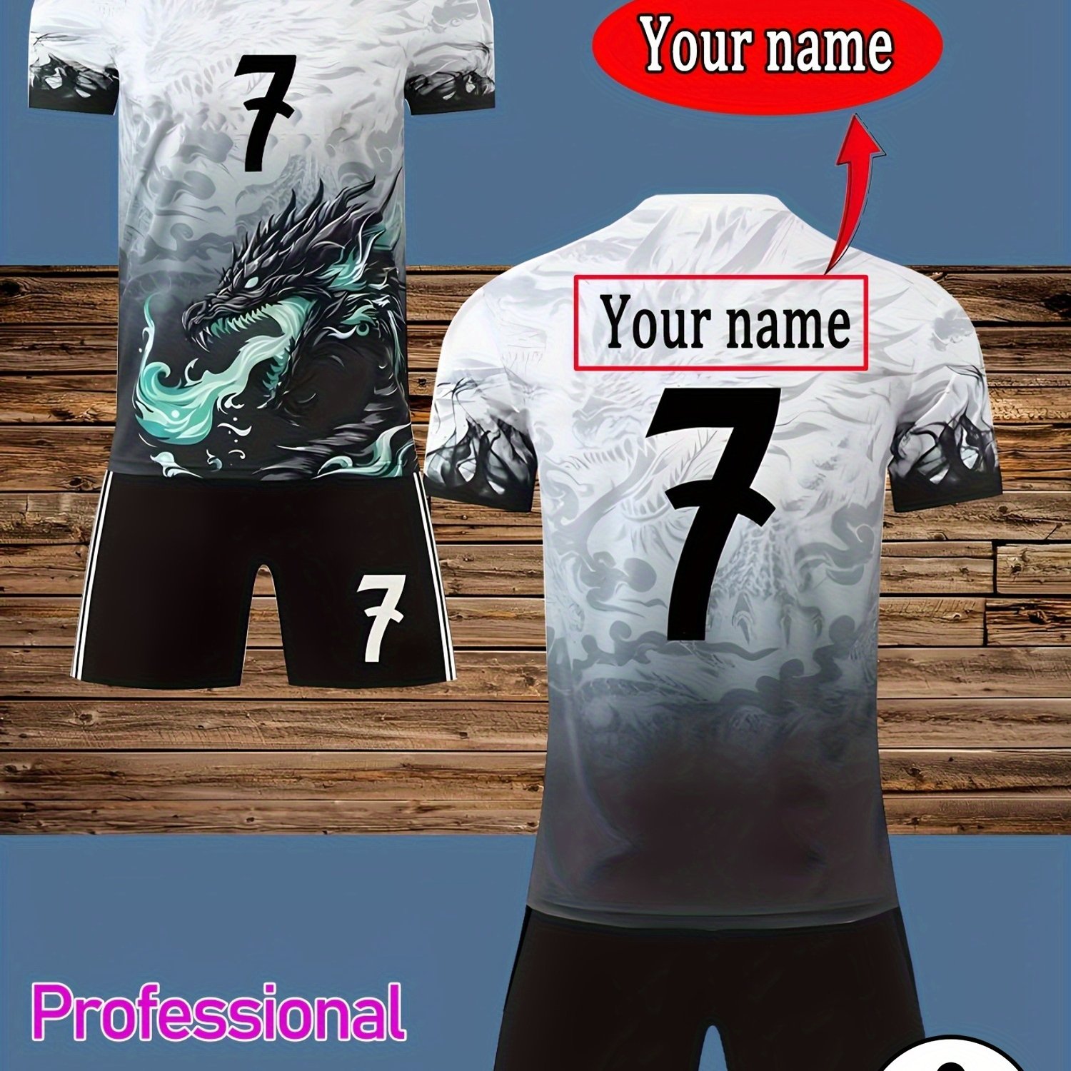 TEMU Customizable ' New Commemorative Jersey Set #7, Polyester And Spandex Crew Neck Top With Stretch, Black & White Unisex For Soccer Parties,