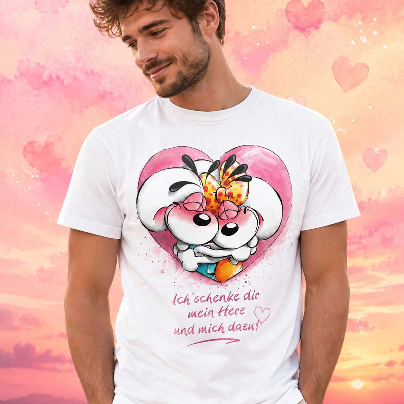 Ich Schenke Dir Mein Herz Und Mich Dazu Heart Cartoon Men T Shirt Casual Short Sleeve White Round Neck Daily Wear Tee Gift