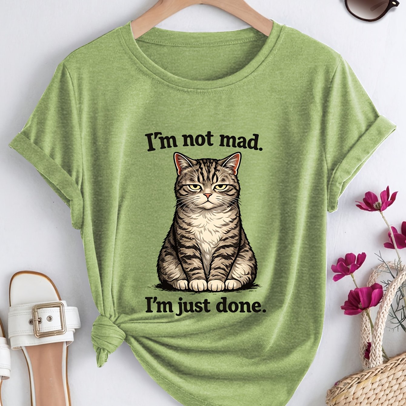 TEMU Women's Plus Size Zen Cat Print T-shirt - Crew Neck Short Sleeve Blouse-compatible Top | Non- Suitable For Daily , Vacation & Casual Wear |