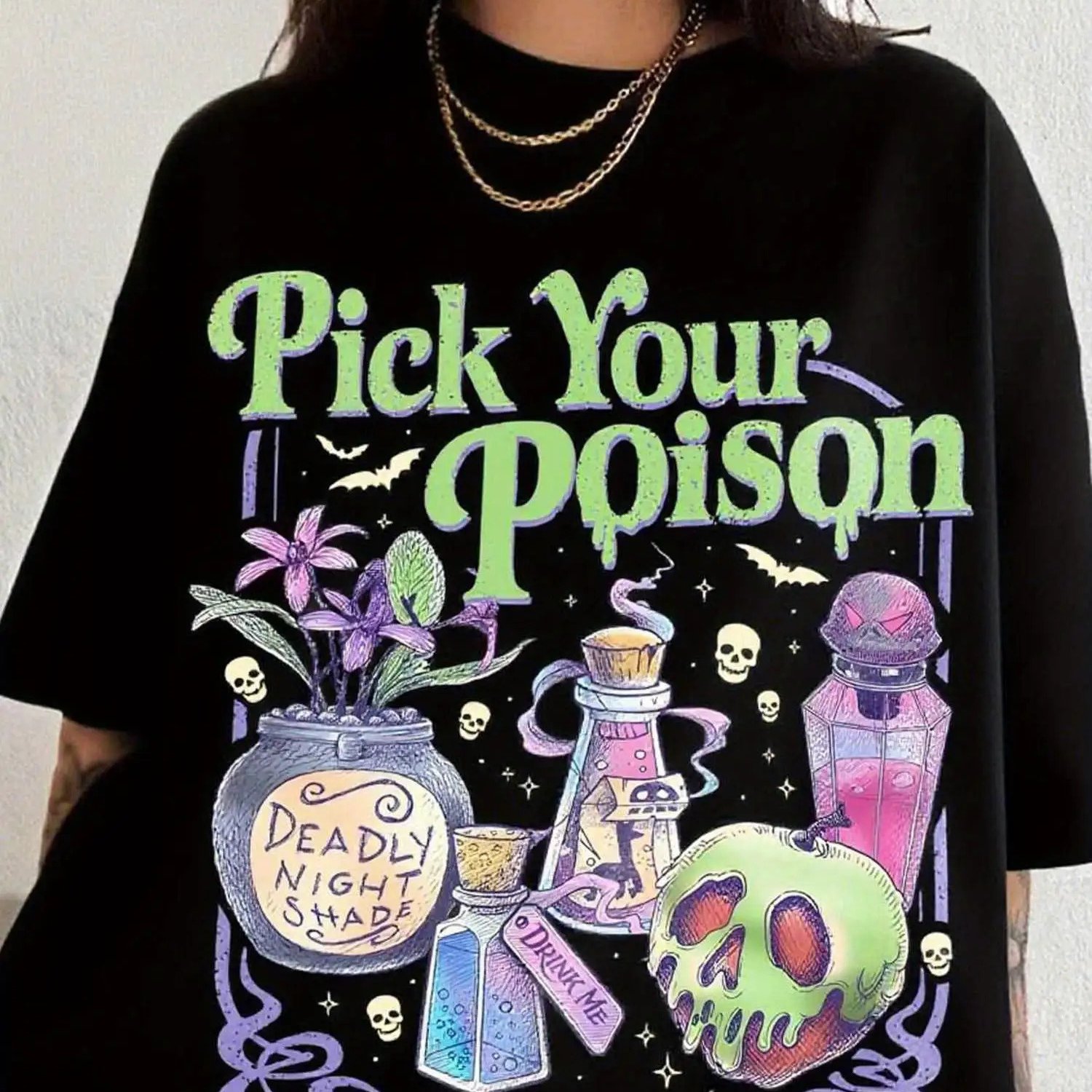 Plus Size, Plus Size Women's "choose Your Poison" Vintage Demon T-shirt- Poison Pattern With Skull, Bat, And Medicine Bottle- Round Neck Short Sleeve Gothic Style Top, Suitable For