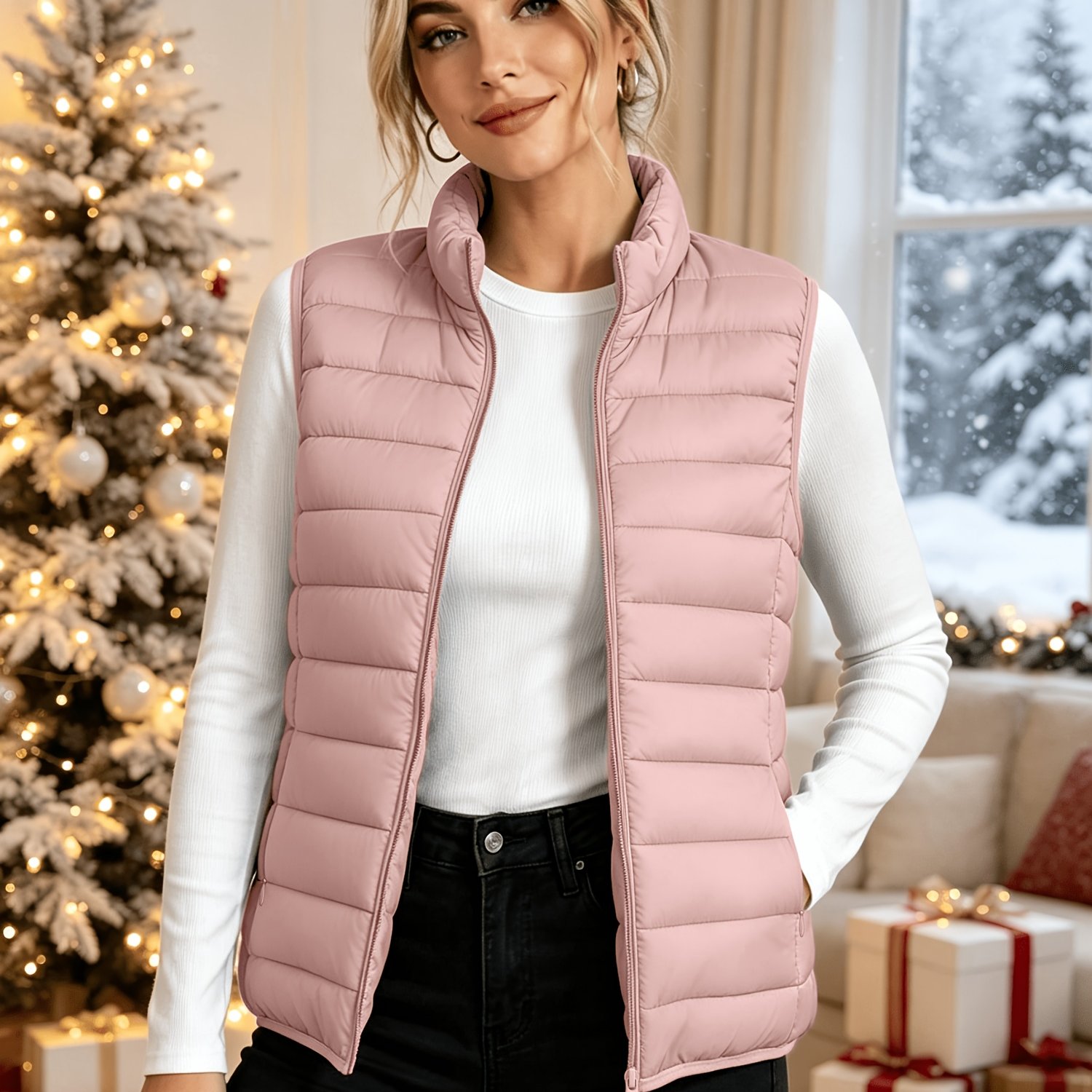 TEMU Autumn Winter Women's Sleeveless Vest, Small Lapel Winter Warm Vest, Women's Zipper Cardigan Jacket, Winter Women's Clothing, Solid Color